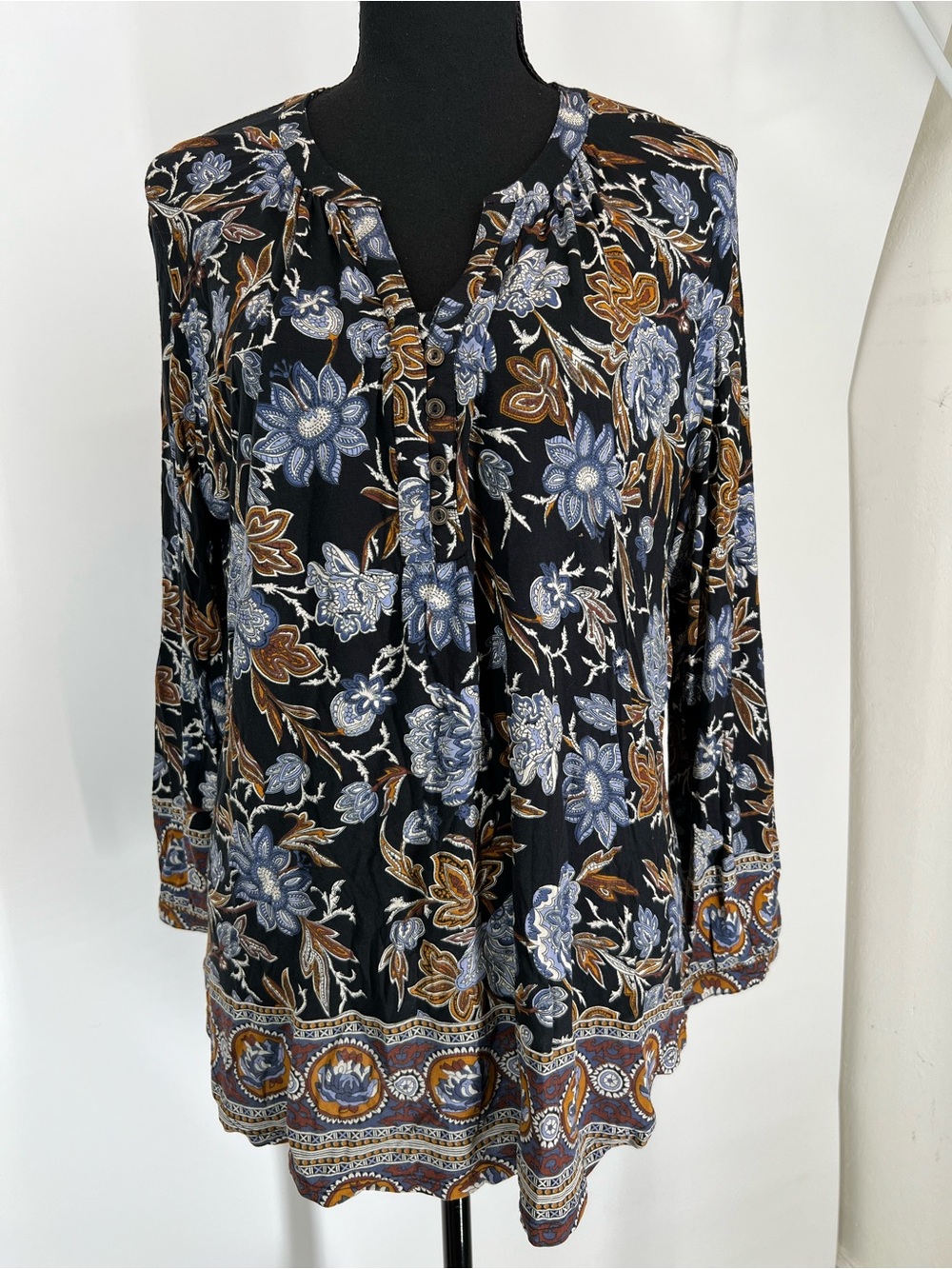 Lucky Brand Black Floral Tunic with Blue and Brown Print